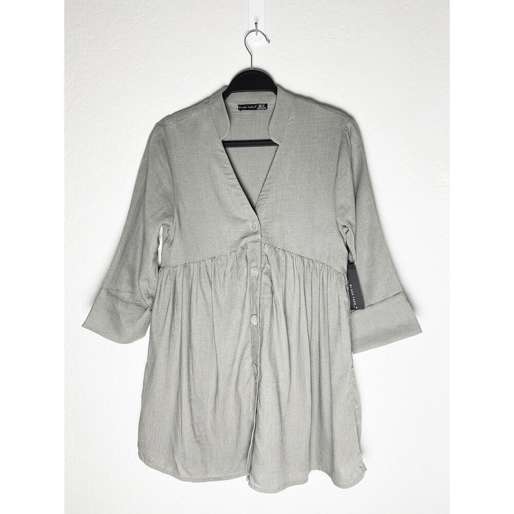Black Tape Women's Mini Dress V Neck Button Front Linen Flowy Peasant 3/4 Sleeve